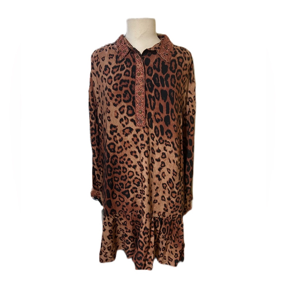 NIZA Midi Dress V-Neck Ruffle Leopard Beaded Artsy Boho Festival Sz 48 US 16